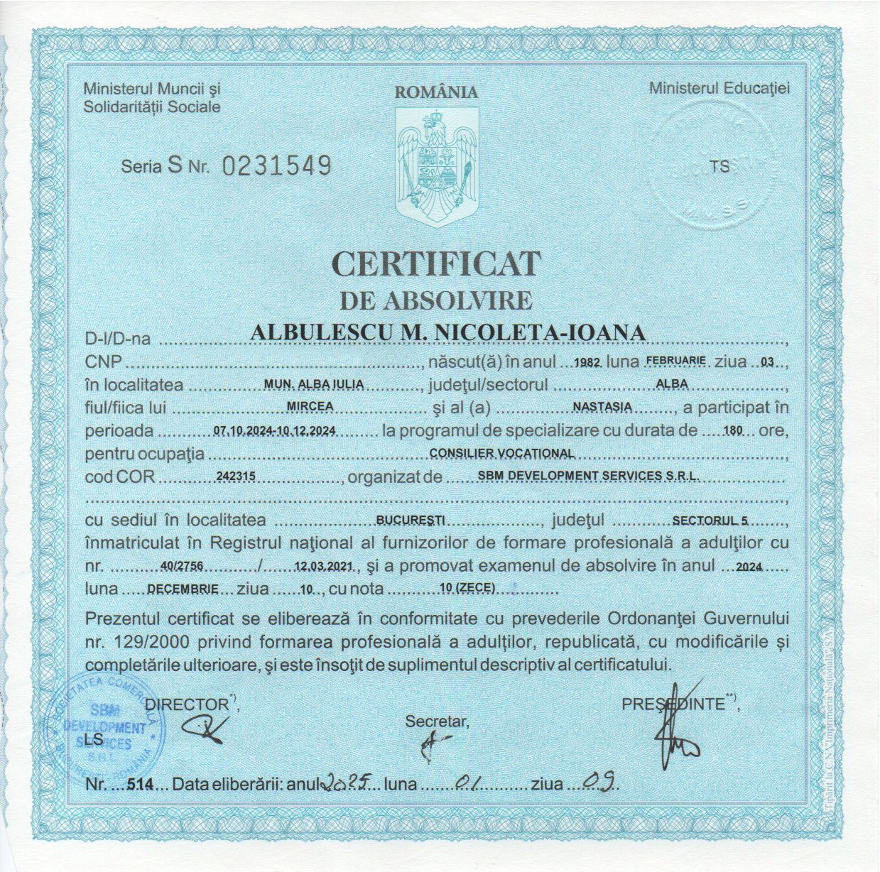 Diplomă de consilier vocațional, acreditare ANC — Ministerul Muncii