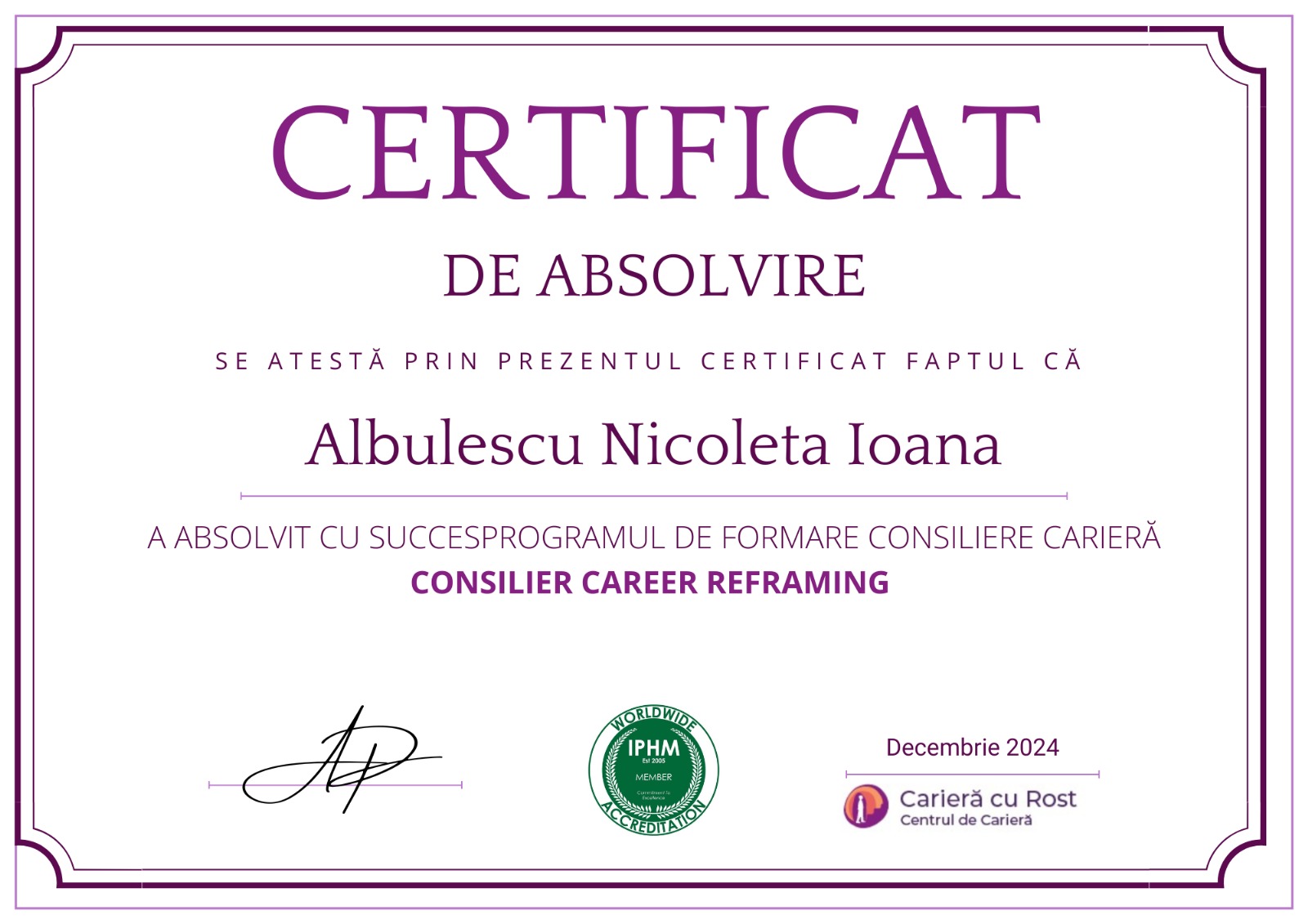 Certificare internațională IPHM în Career Reframing