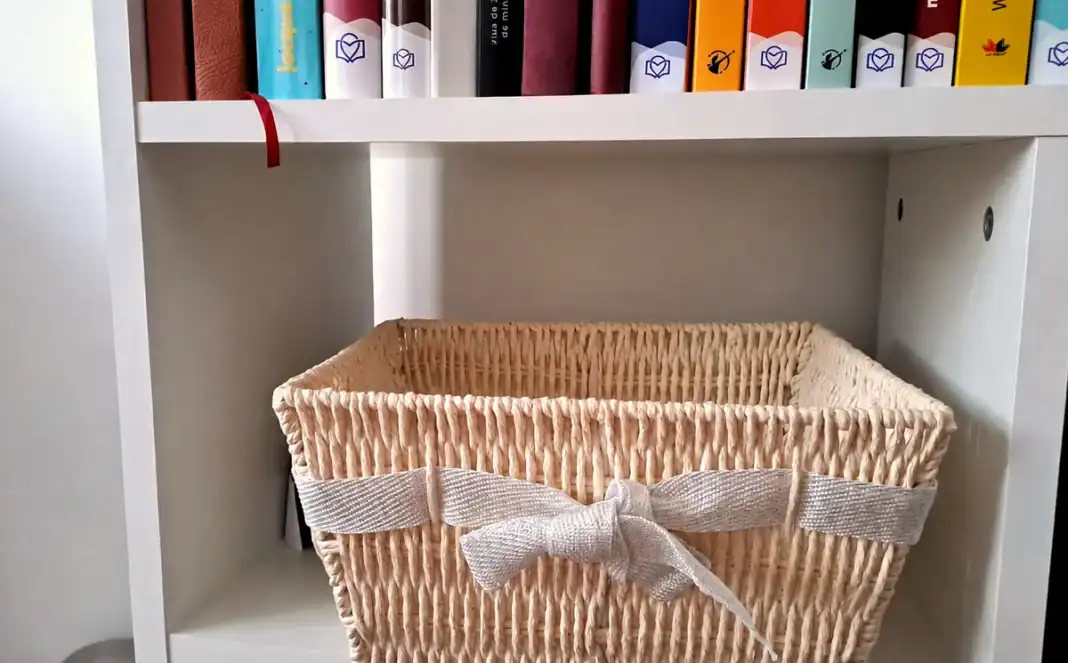 Coș de răchită gol, într-un raft de bibliotecă