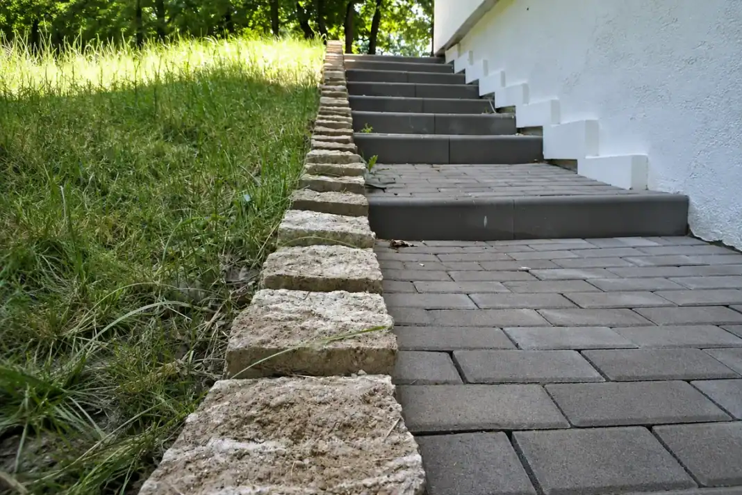 Șir de blocuri de beton între iarbă și o alee pavată, ținând marginea, la baza unei scări